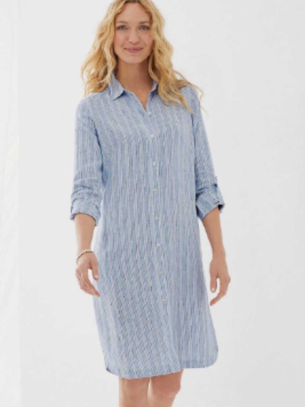 J. Jill Love Linen 100% Linen Light Blue Striped Button-Down Shirtdress Plus 1X